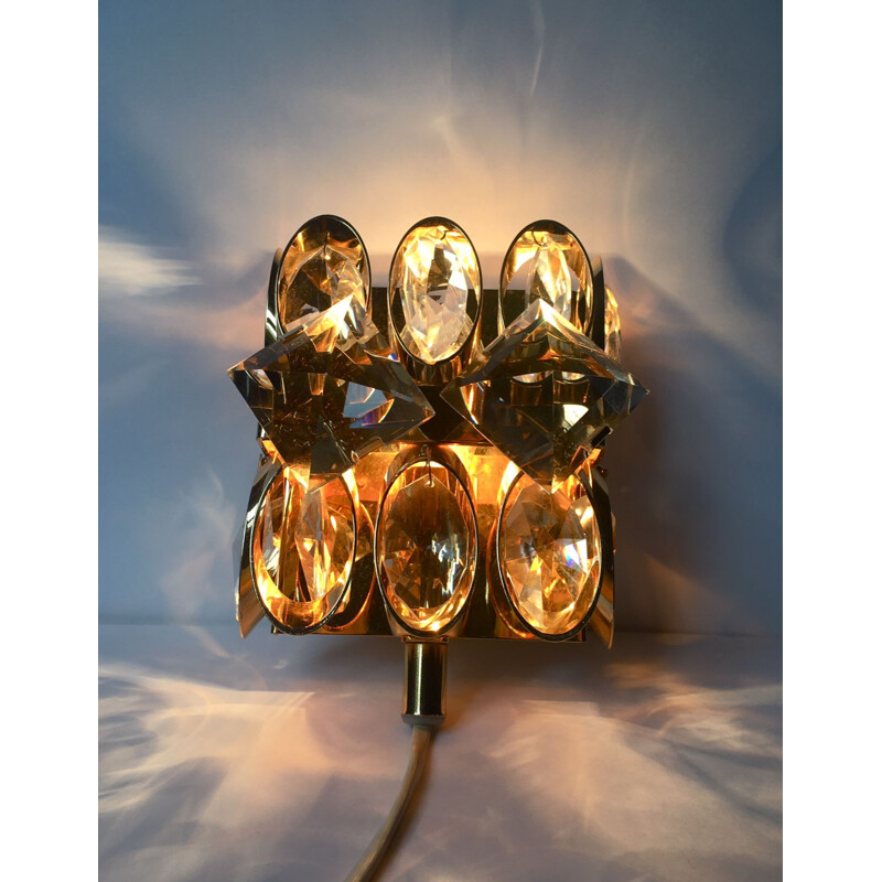 Vintage gilt brass and crystal wall lamp by Palwa, 1960