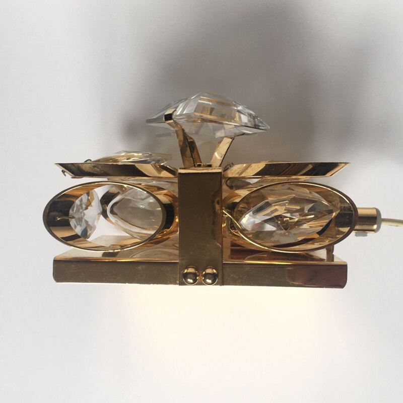 Vintage gilt brass and crystal wall lamp by Palwa, 1960