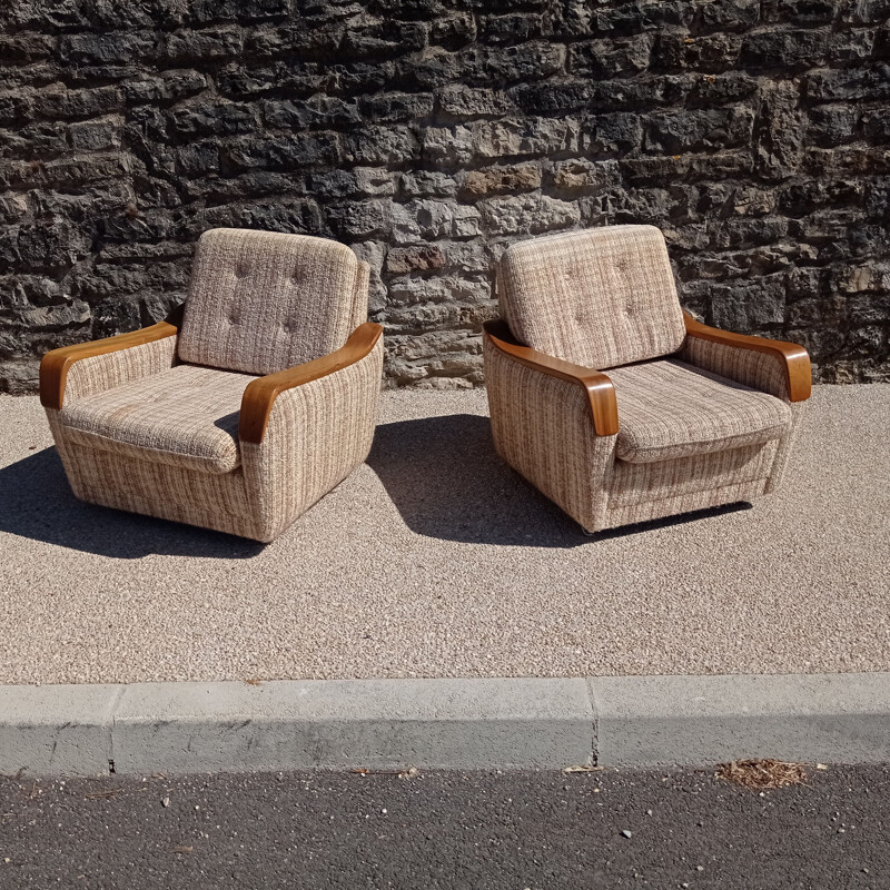 Pair of vintage armchairs wood and fabric 