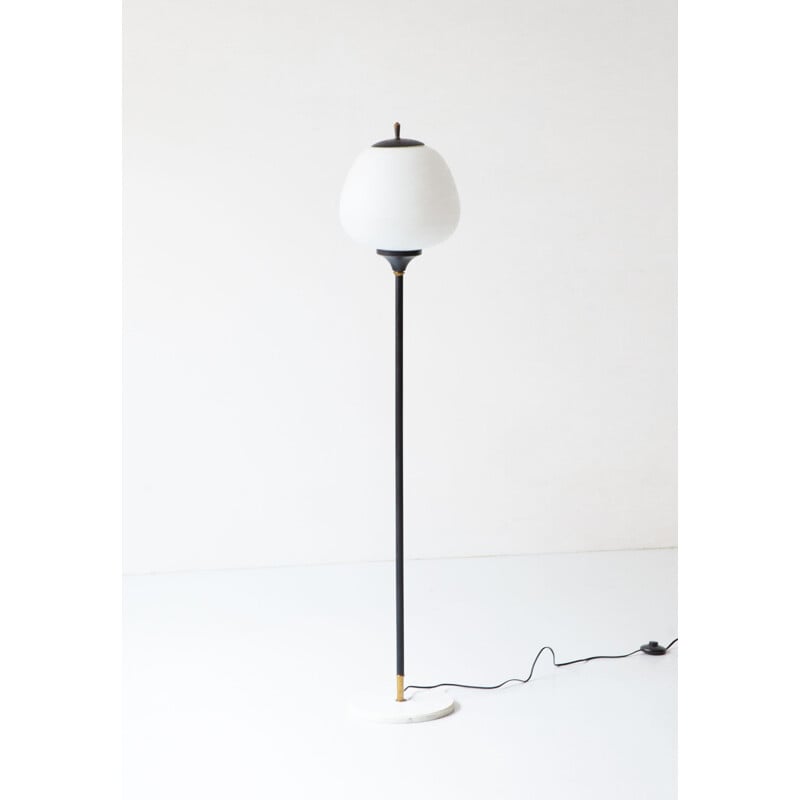 Vintage black metal and opal glass floor lamp 1950s