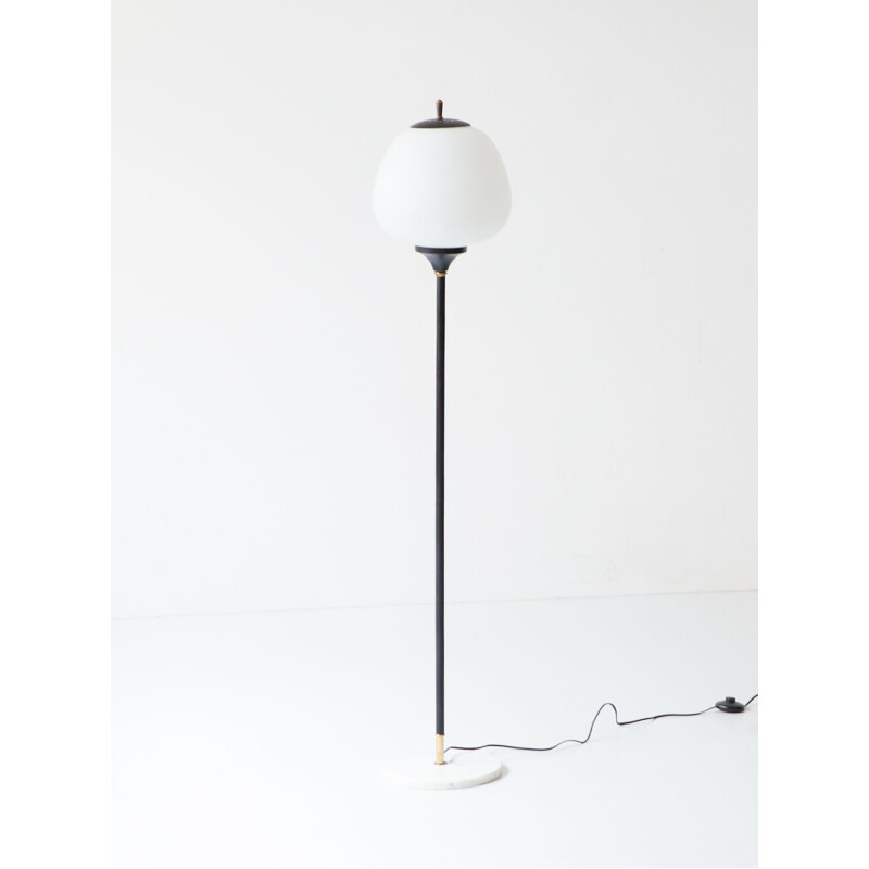 Vintage black metal and opal glass floor lamp 1950s