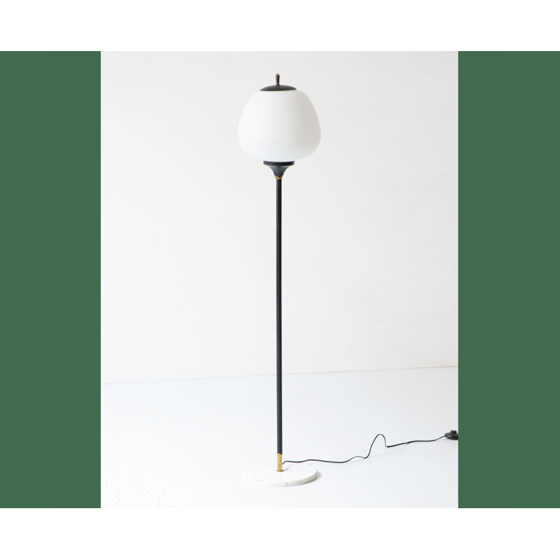 Vintage black metal and opal glass floor lamp 1950s