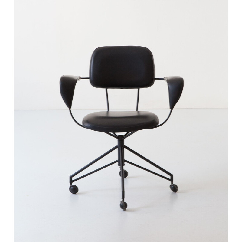 Vintage office chair black metal and leatherette  by Gastone Rinaldi for Rima Italy 1950s