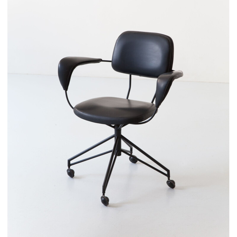 Vintage office chair black metal and leatherette  by Gastone Rinaldi for Rima Italy 1950s