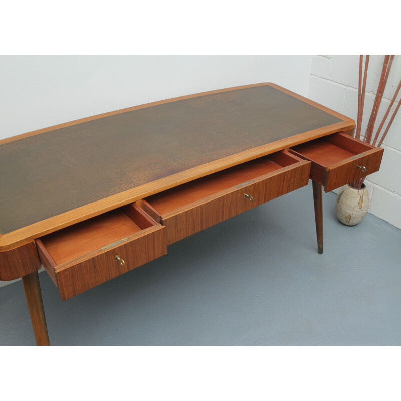 Vintage walnut and leather diplomat desk 1950s