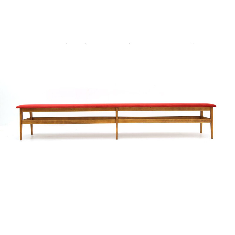 Vintage wooden bench with red velvet top 1960s