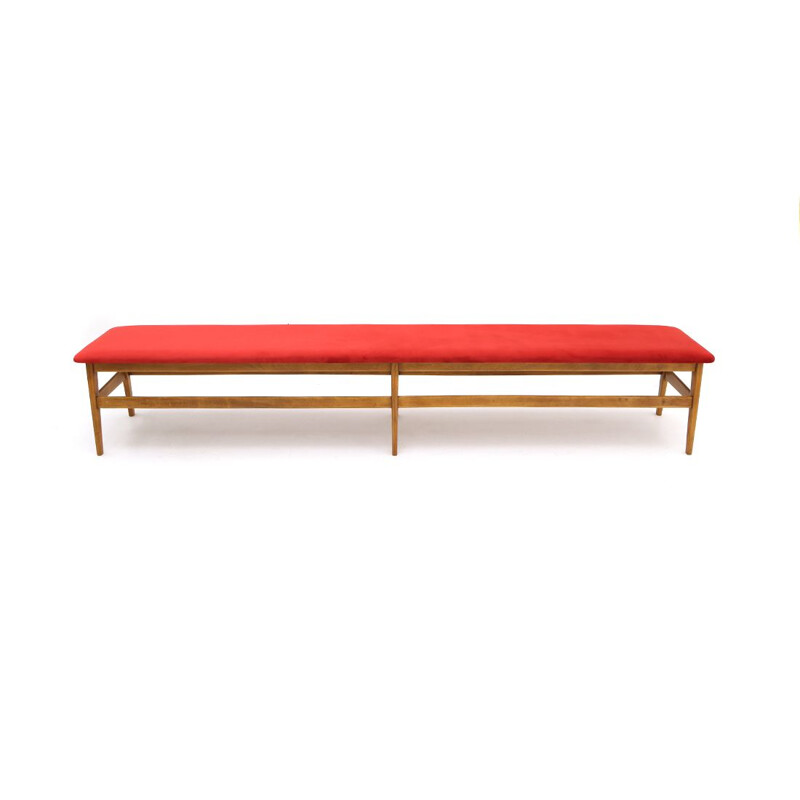 Vintage wooden bench with red velvet top 1960s