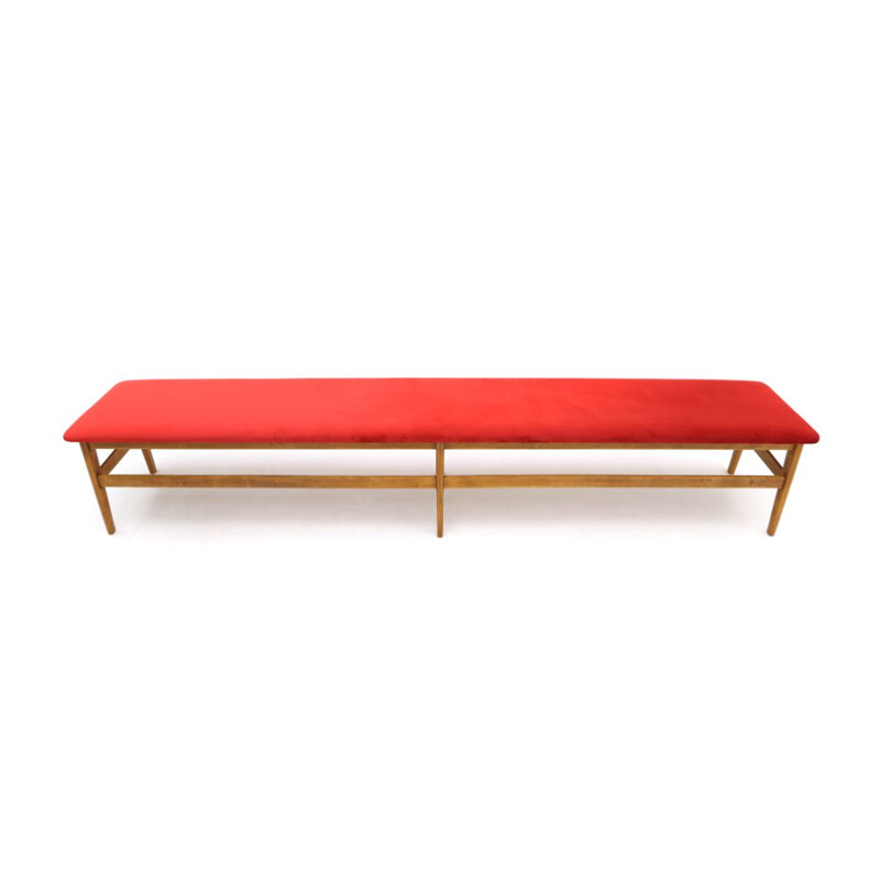 Panchina vintage in legno con piano in velluto rosso 1960