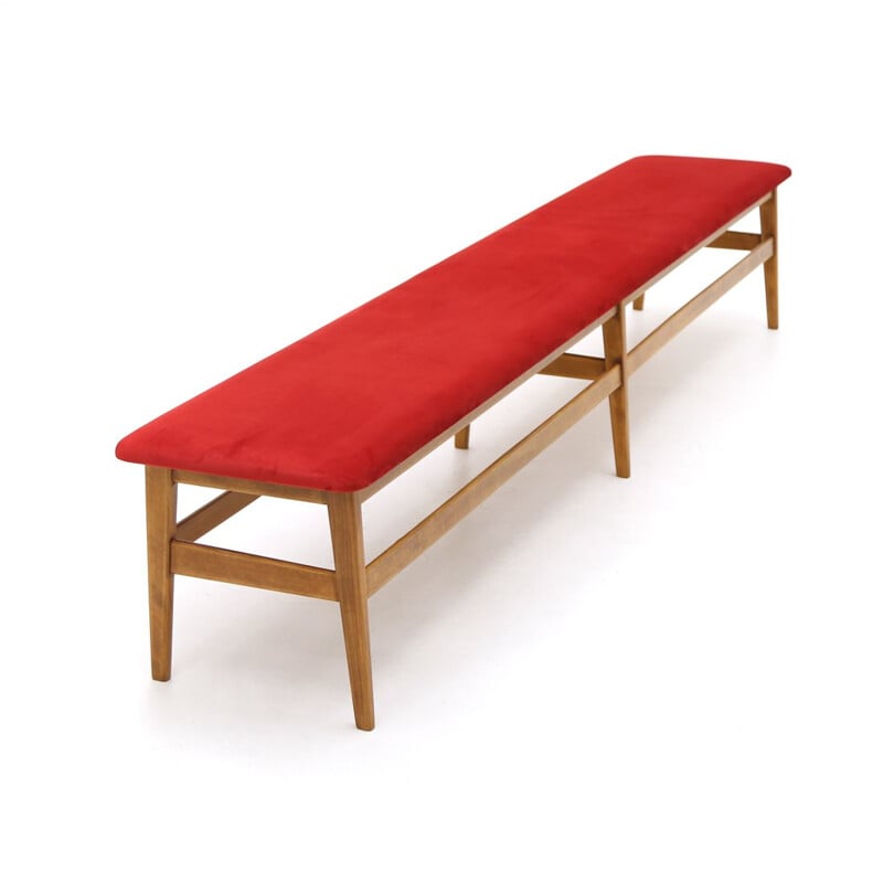 Vintage wooden bench with red velvet top 1960s