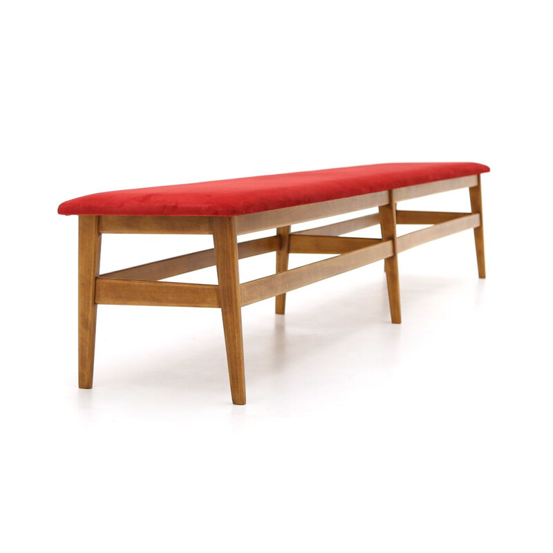 Vintage wooden bench with red velvet top 1960s