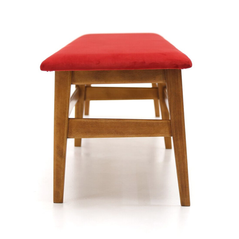 Vintage wooden bench with red velvet top 1960s