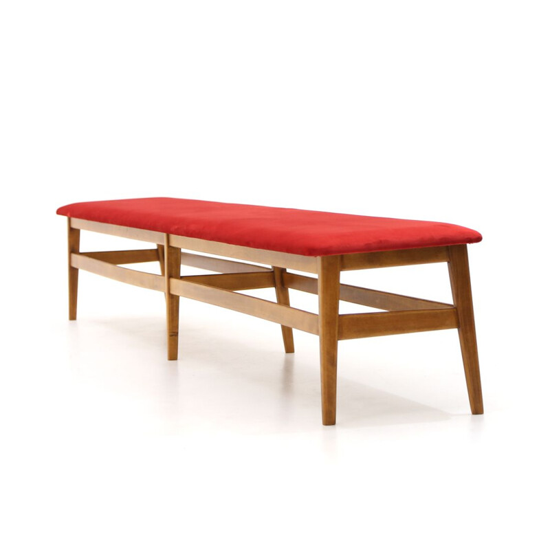 Vintage wooden bench with red velvet top 1960s