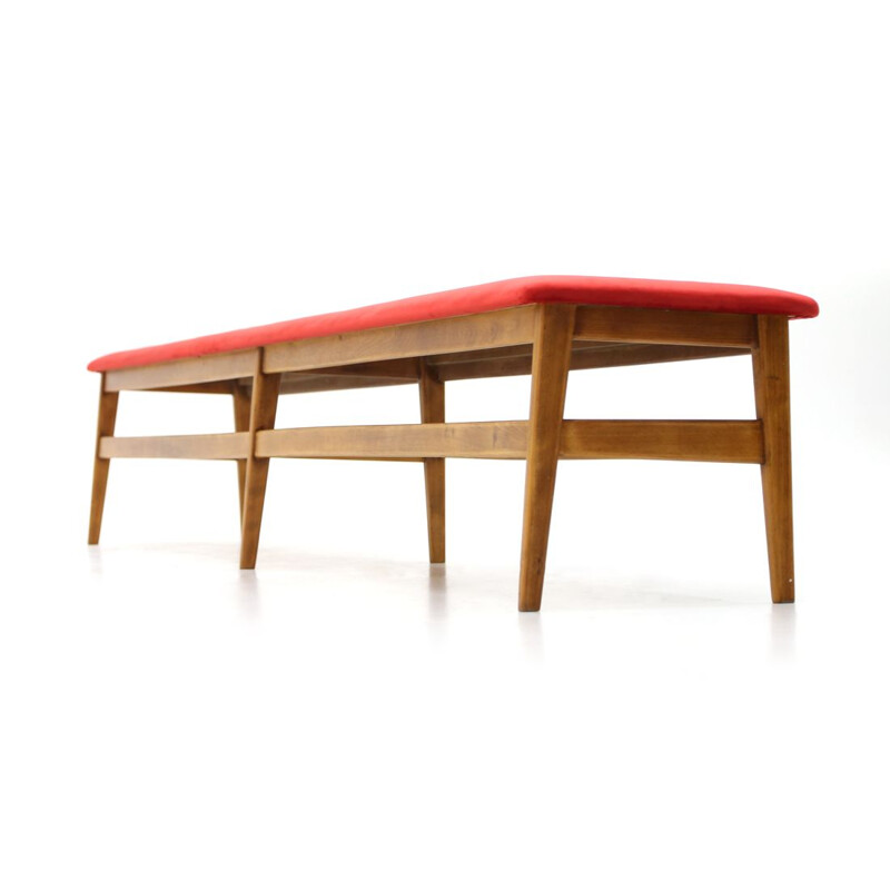 Panchina vintage in legno con piano in velluto rosso 1960