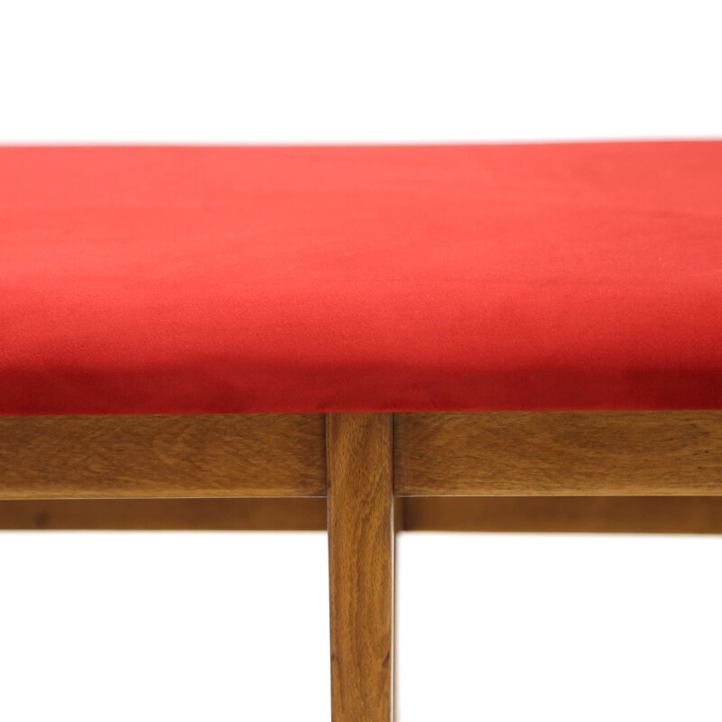 Vintage wooden bench with red velvet top 1960s