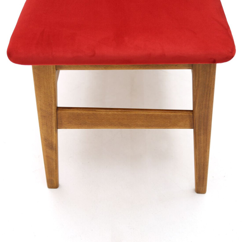 Vintage wooden bench with red velvet top 1960s