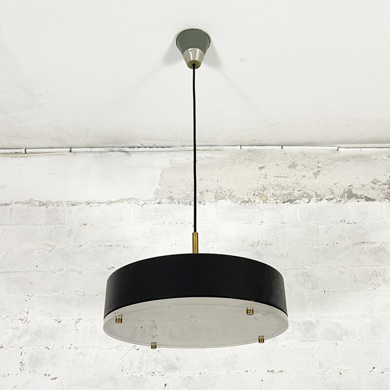 Vintage black metal pendant lamp with white Plexiglas diffuser 1970