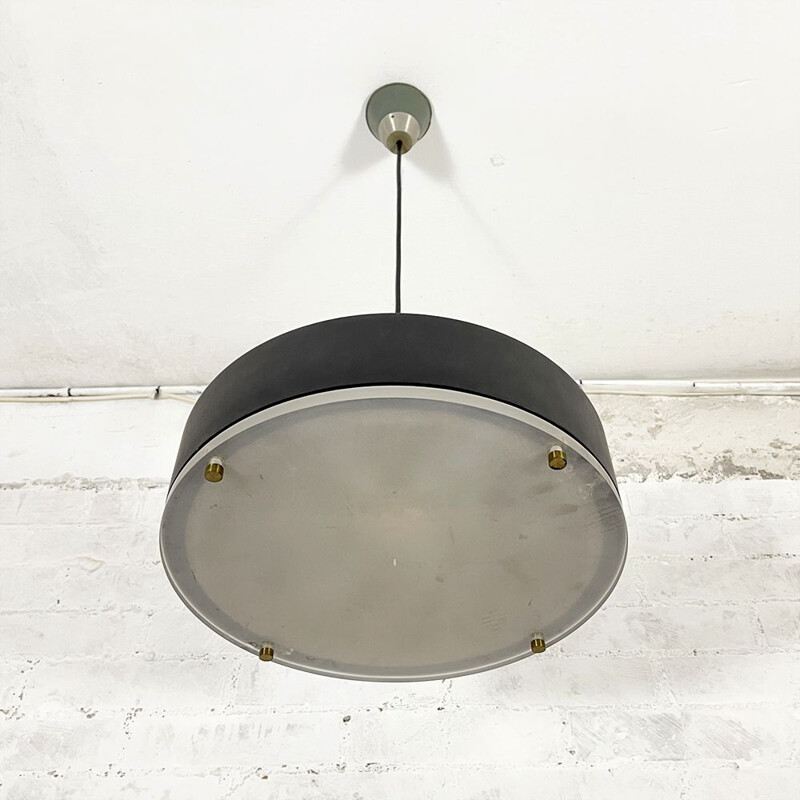 Vintage black metal pendant lamp with white Plexiglas diffuser 1970