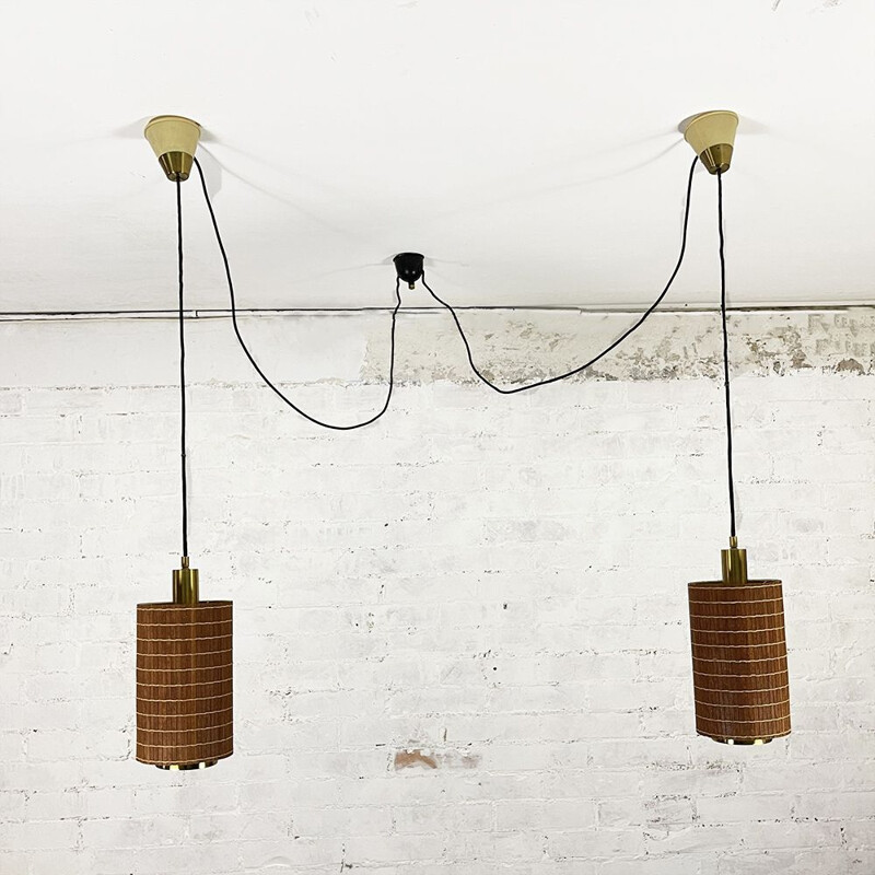 Pair of vintage teak and gilded brass hanging lamps by Estiluz, Spain 1970