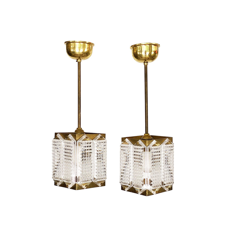 Pair of vintage brass and glass pendant lamps by Wiktor Berndt, Sweden 1960