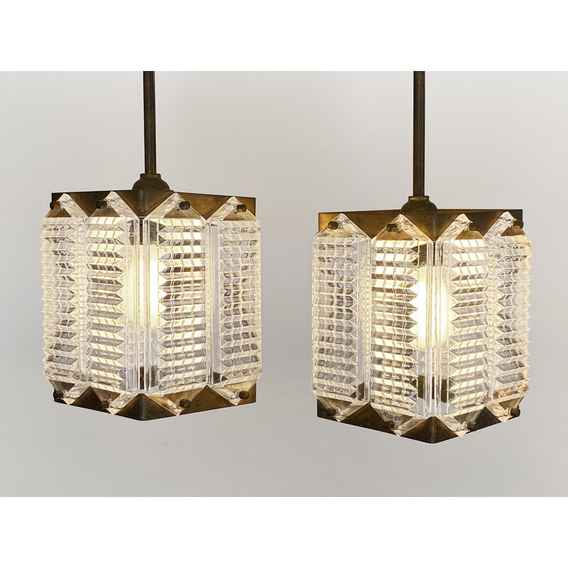 Pair of vintage brass and glass pendant lamps by Wiktor Berndt, Sweden 1960