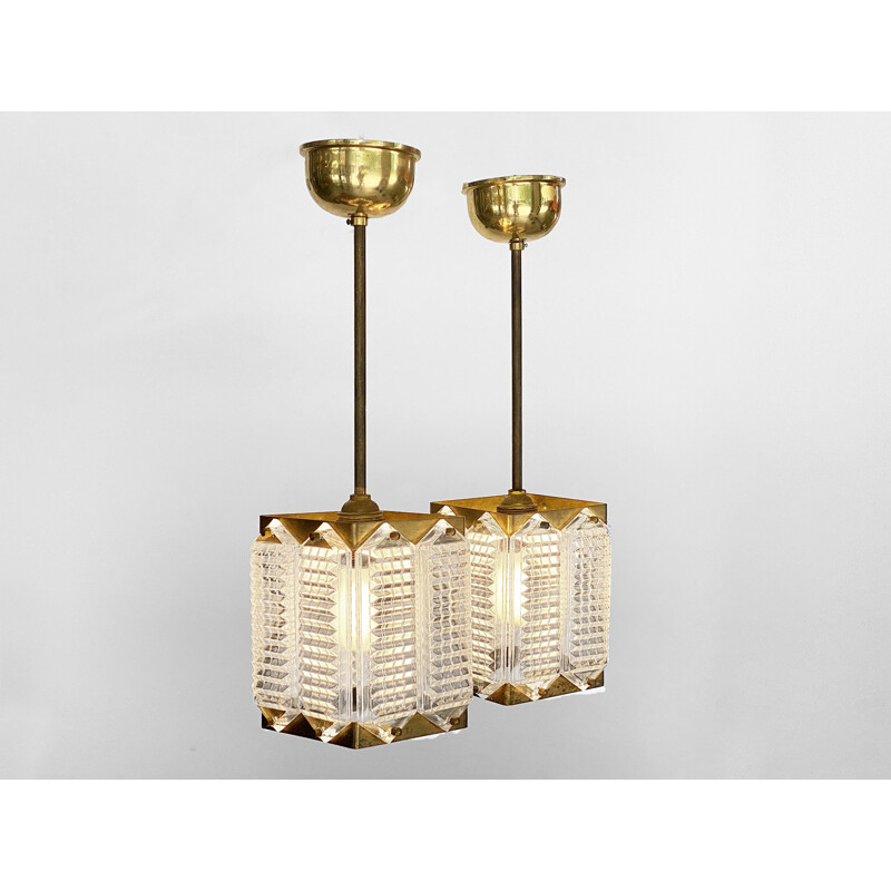 Pair of vintage brass and glass pendant lamps by Wiktor Berndt, Sweden 1960