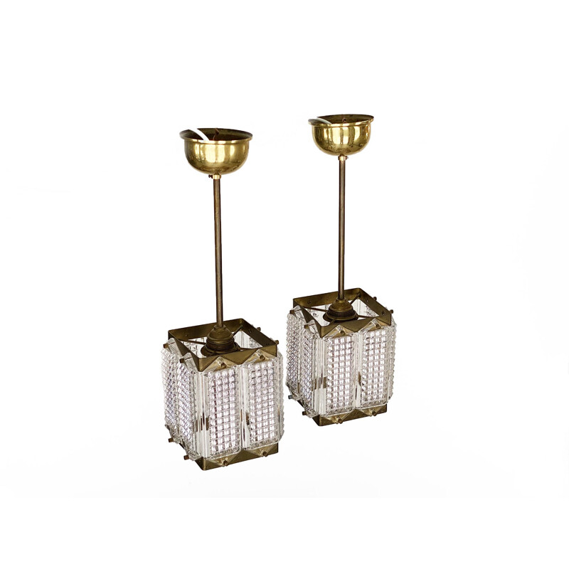 Pair of vintage brass and glass pendant lamps by Wiktor Berndt, Sweden 1960