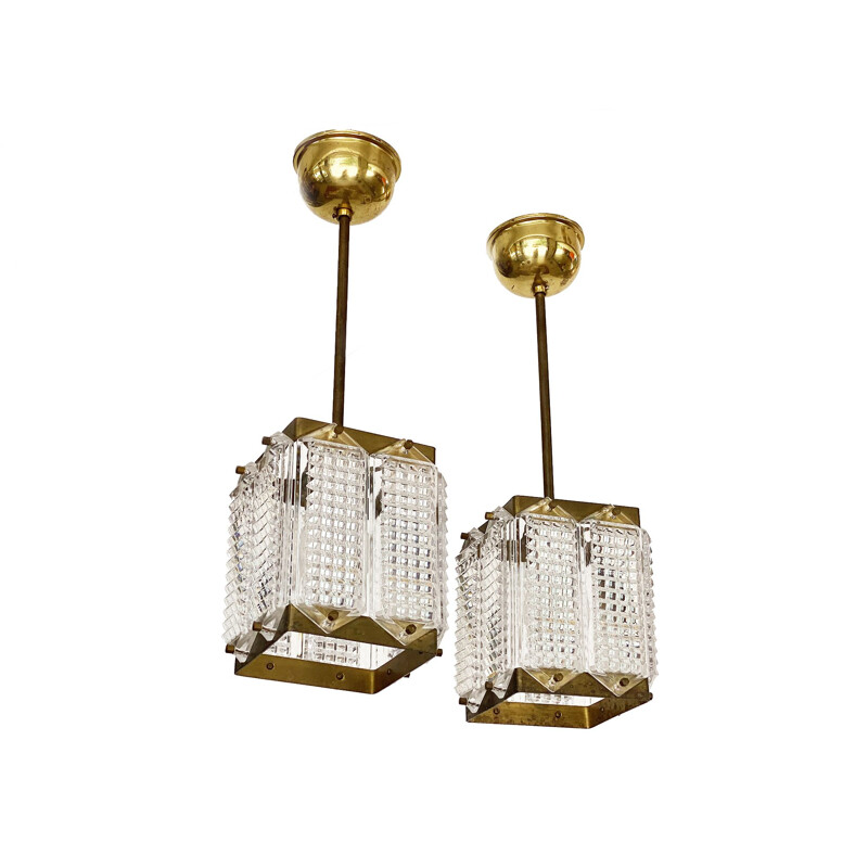 Pair of vintage brass and glass pendant lamps by Wiktor Berndt, Sweden 1960