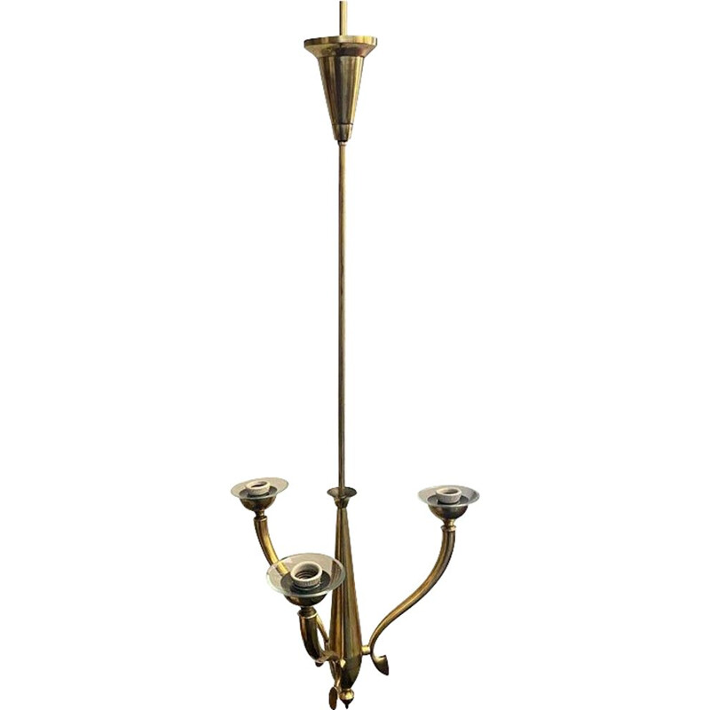 Vintage brass and glass chandelier with 3 lights