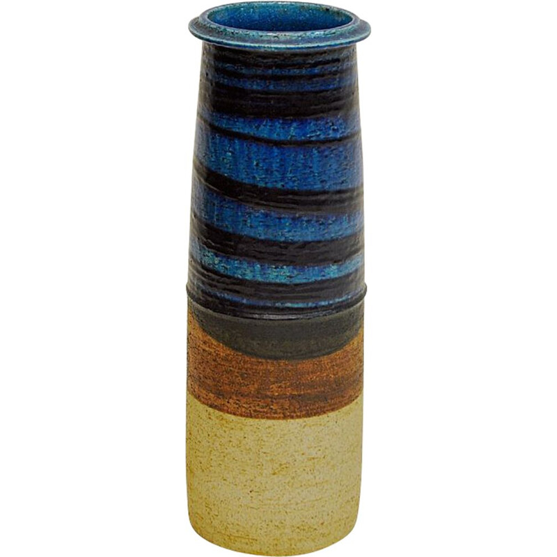 Vase vintage en céramique bleu et brun par Inger Persson  Suède 1960