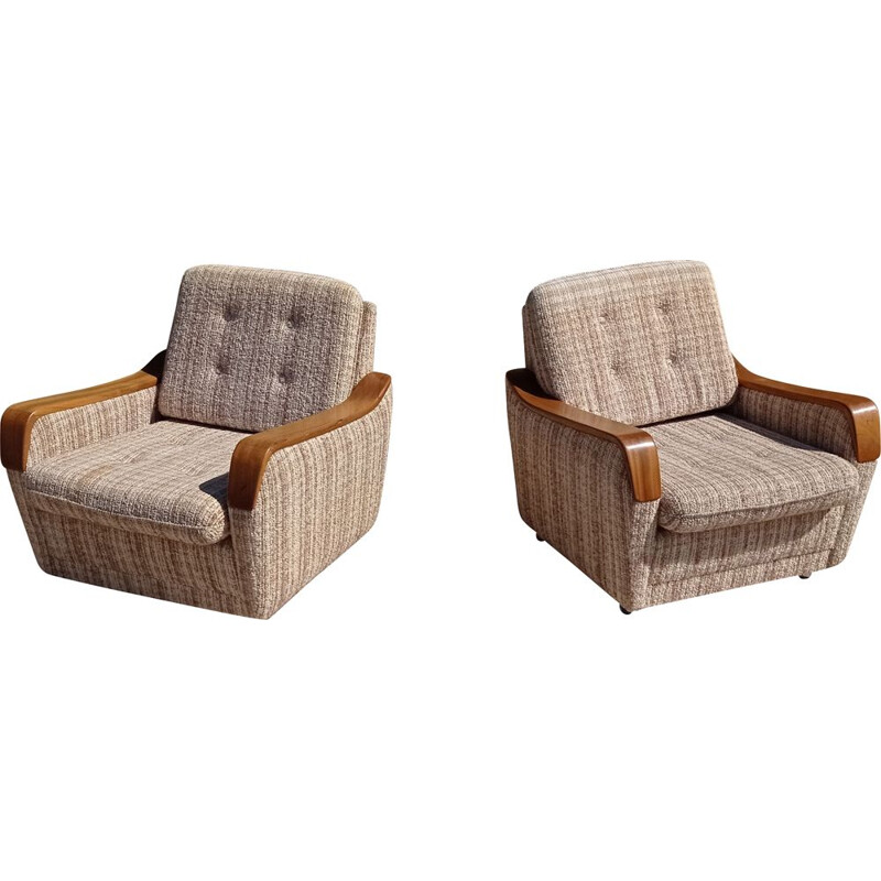 Pair of vintage armchairs wood and fabric 