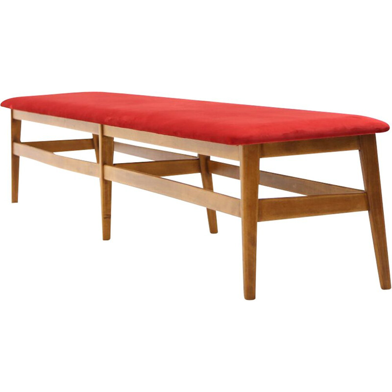 Vintage wooden bench with red velvet top 1960s