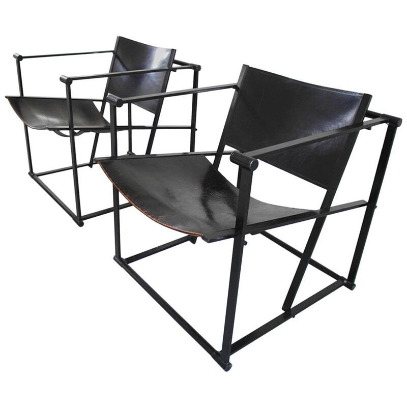 Paire de fauteuils Pastoe noir en métal et cuir, Radoub VAN BEEKUM - 1980