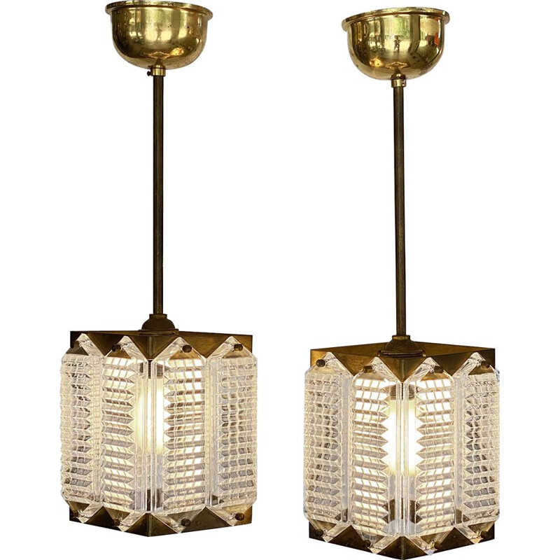 Pair of vintage brass and glass pendant lamps by Wiktor Berndt, Sweden 1960