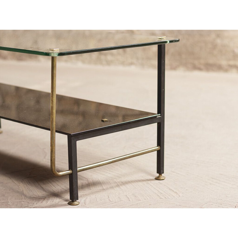 Table basse vintage en verre et structure en métal