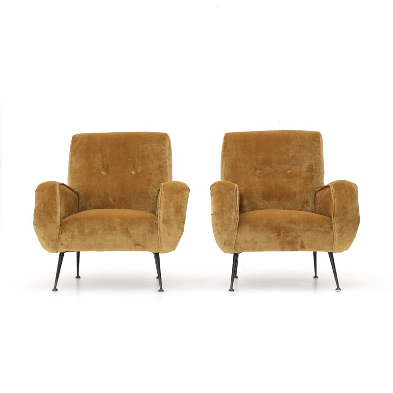 Pair of vintage beige velvet  armchairs 1960s
