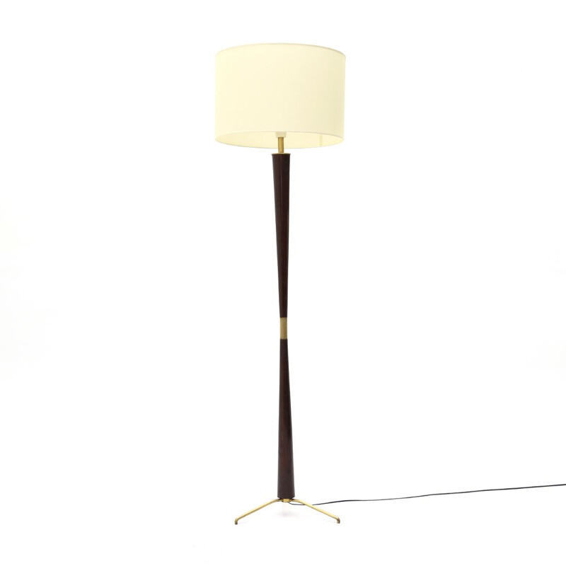 Vintage wooden floor lamp with fabric diffuser and brass base 1940s
