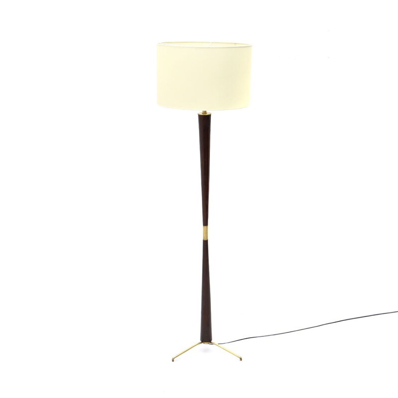 Vintage wooden floor lamp with fabric diffuser and brass base 1940s