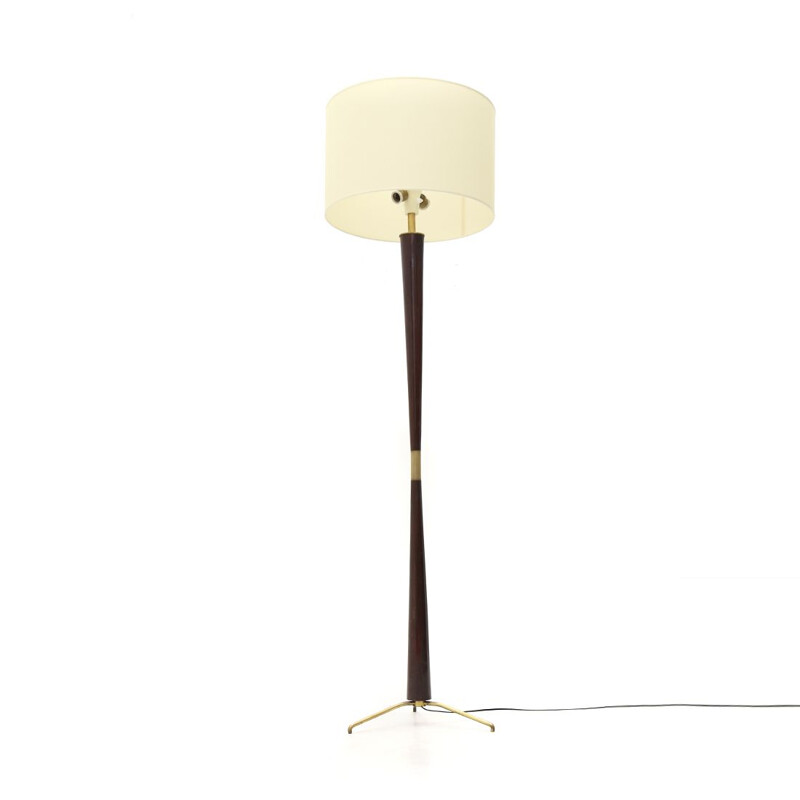 Vintage wooden floor lamp with fabric diffuser and brass base 1940s