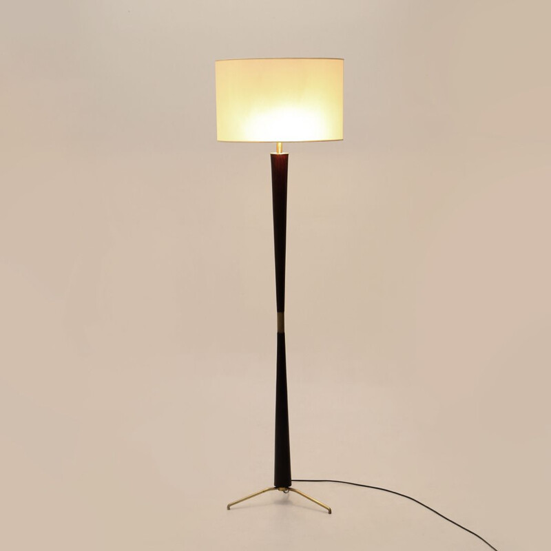 Vintage wooden floor lamp with fabric diffuser and brass base 1940s