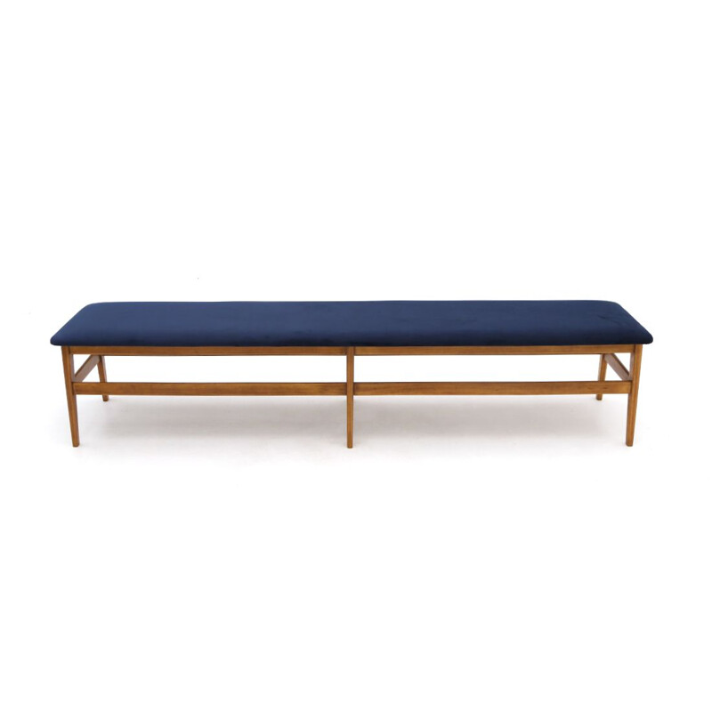 Vintage wooden bench with blue velvet top 1960s