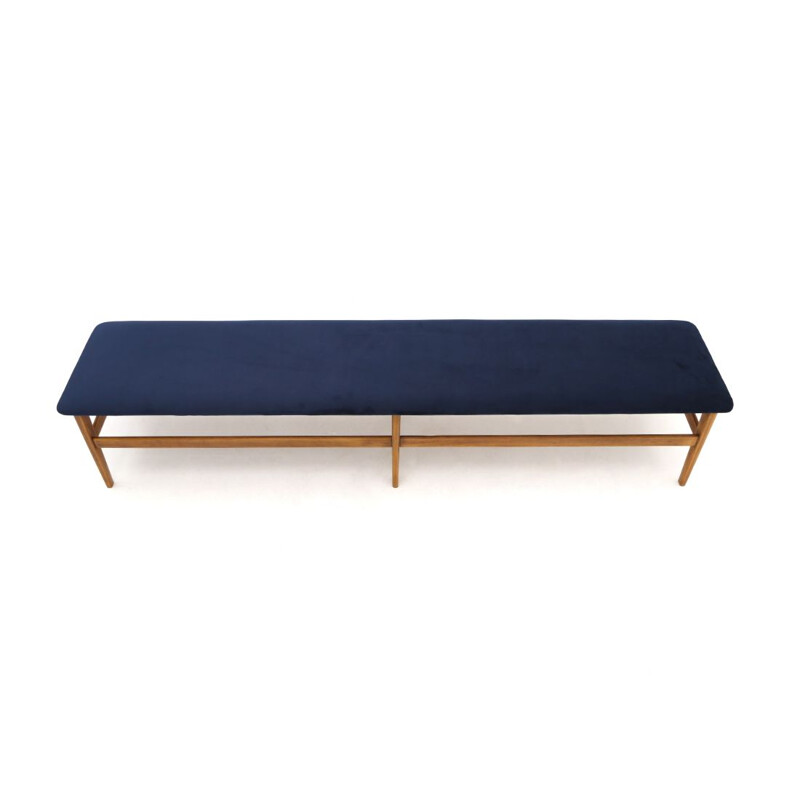 Vintage wooden bench with blue velvet top 1960s