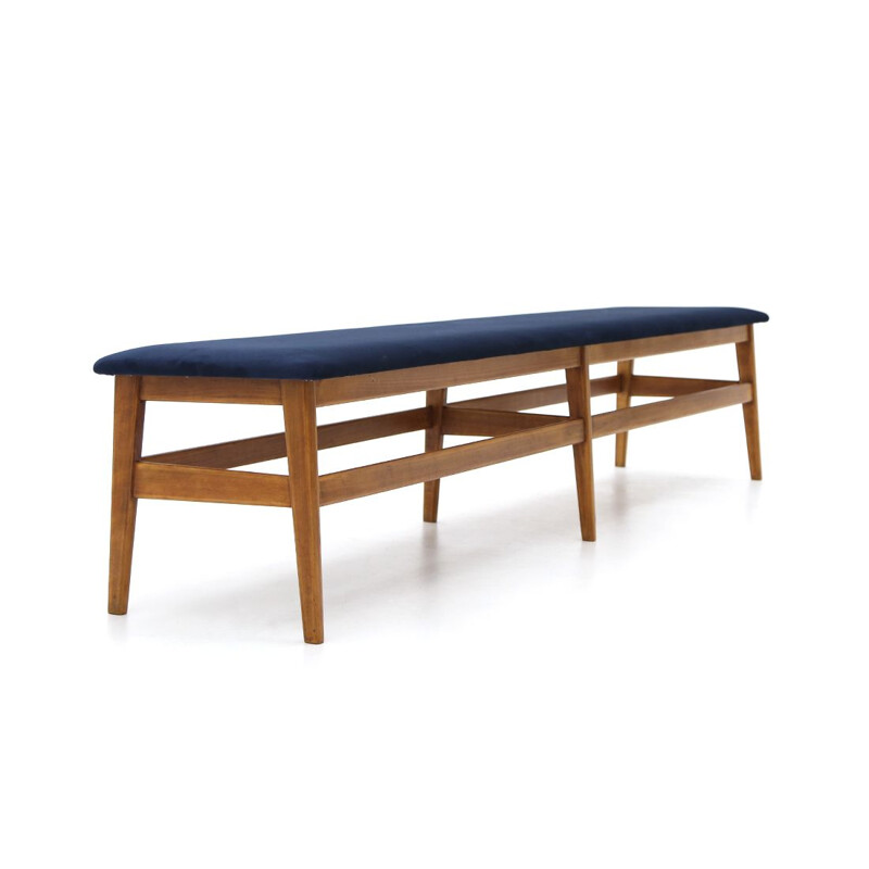 Vintage wooden bench with blue velvet top 1960s