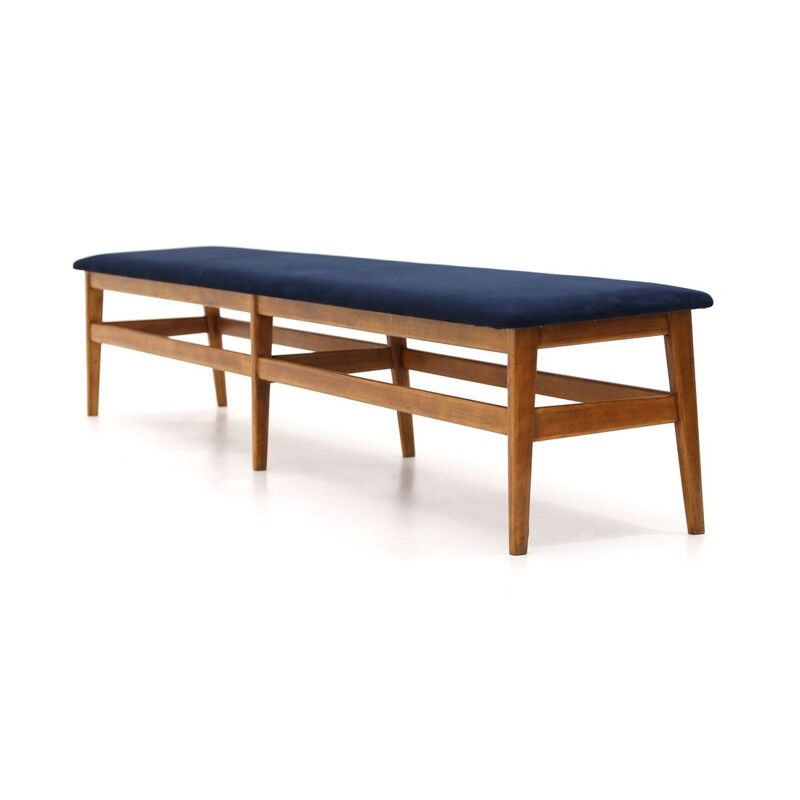 Vintage wooden bench with blue velvet top 1960s