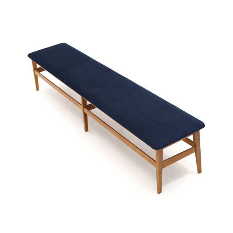 Vintage wooden bench with blue velvet top 1960s