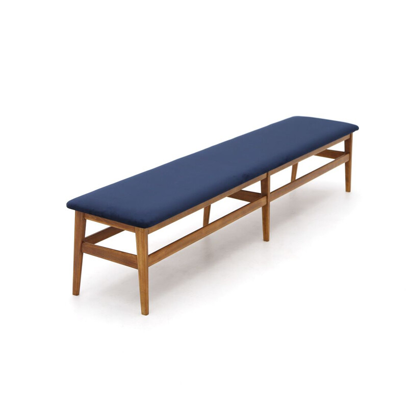 Vintage wooden bench with blue velvet top 1960s