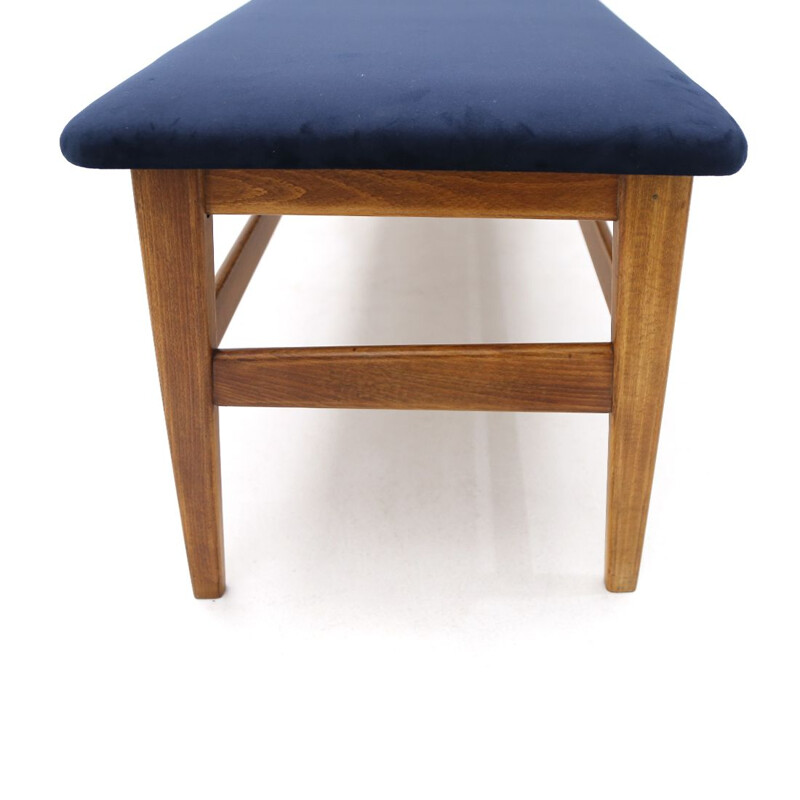 Vintage wooden bench with blue velvet top 1960s