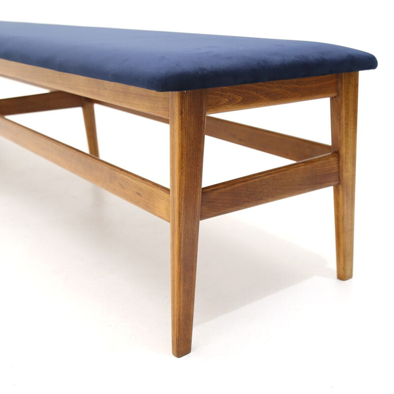 Vintage wooden bench with blue velvet top 1960s