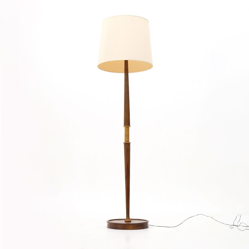 Vintage wooden floor lamp with fabric diffuser 1940s