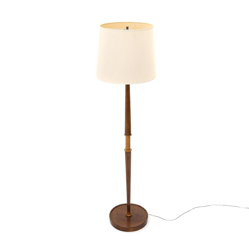 Vintage wooden floor lamp with fabric diffuser 1940s