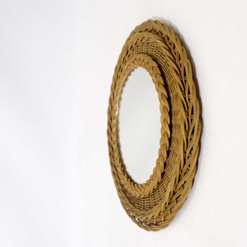 Vintage small round  wicker mirror France 1970s